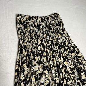 Free People Asymmetrical Black Daisy Print Smocked Boho Tiered Midi Skirt Size S